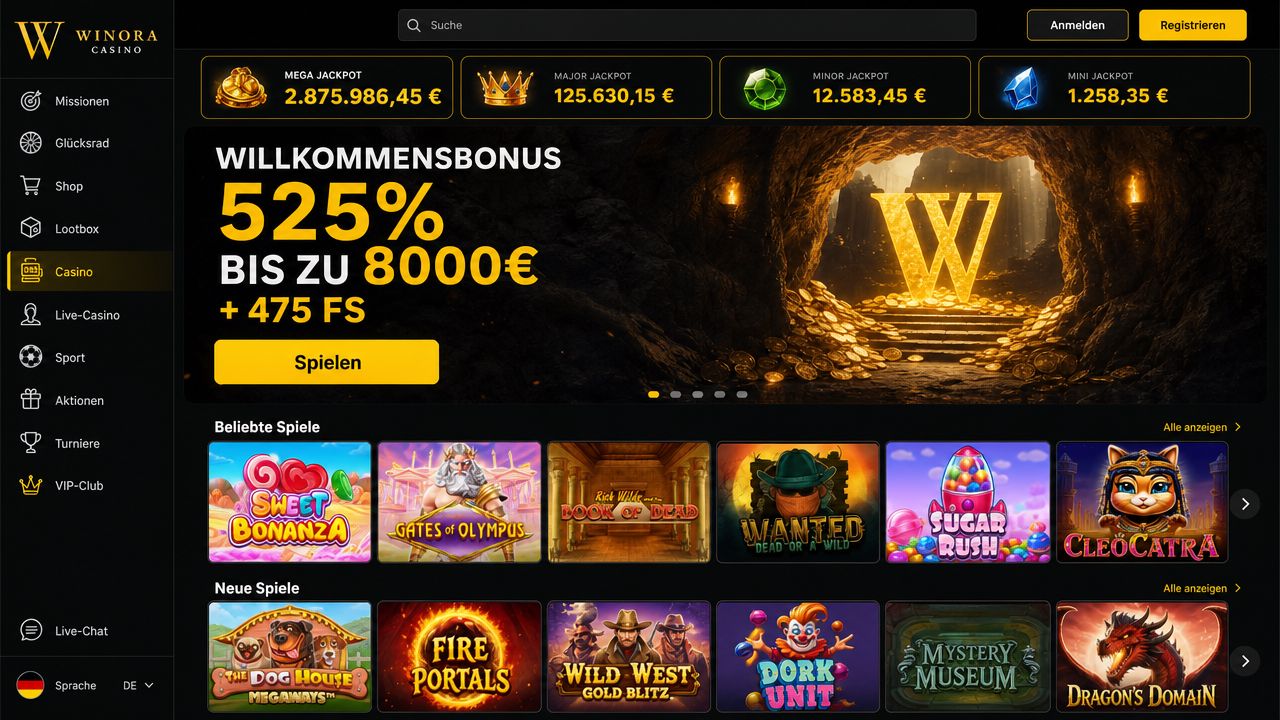 Screenshot der Winhero Casino Webseite